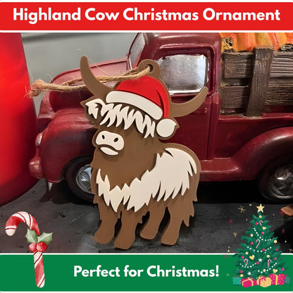 3D Printed Highland Cow Christmas Ornament – Rustic Farmhouse Holiday Decor