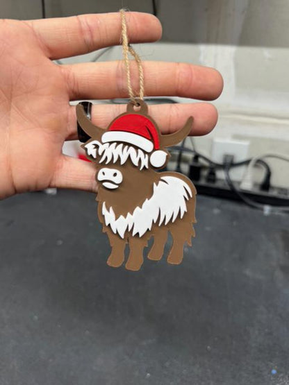 3D Printed Highland Cow Christmas Ornament – Rustic Farmhouse Holiday Decor