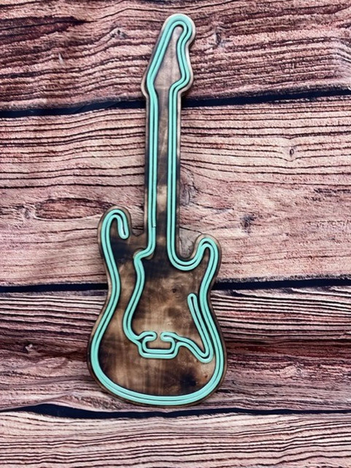 Electric Guitar LED Neon Sign – Handcrafted Wood Backing Wall Art