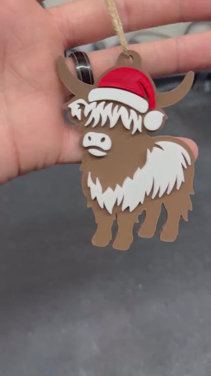 3D Printed Highland Cow Christmas Ornament – Rustic Farmhouse Holiday Decor